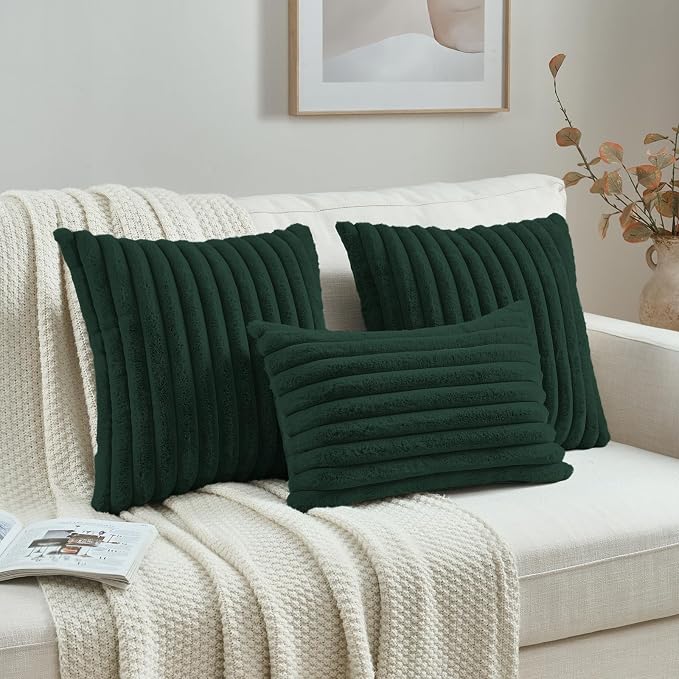 FUTEI Pack of 2 Faux Fur Throw Pillow Covers 12x20 Inch, Dark Green | Fluffy Faux Rabbit Fur Front/Premium Velvet Back,Hidden Zipper,Machine Washable,Non-Shedding,Colorfast,Insert Not Included.