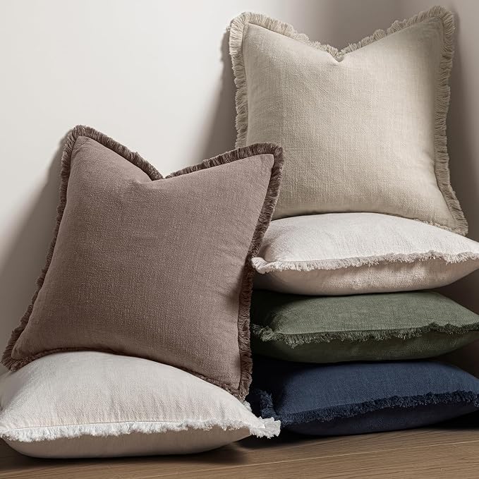 MIULEE Linen Decorative Fall Euro Throw Pillow Covers Malt Ball 26x26 | Set of 2, Cottagecore Decor, Boho Farmhouse Neutral Pillow Covers, Rustic Fall Fringe Couch Cushion for Sofa Bed Living Room