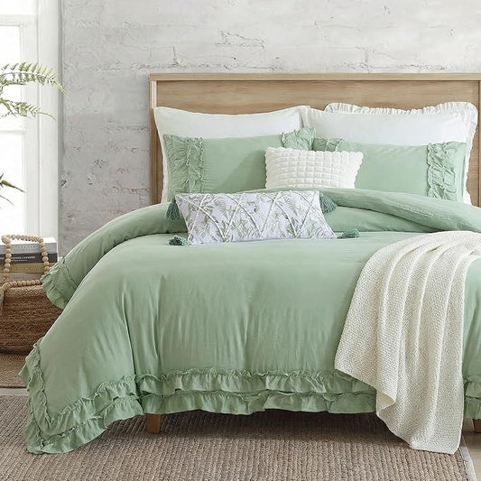 Bedorm Sage Green Ruffled Duvet Cover King Size Bedding Set Pleated Lace Ruffle Shabby Chic Bedroom Decor Extra Soft Cozy Farmhouse Country Style Duvet Cover Sets