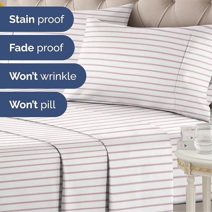 Full 4 Piece Striped Sheet Set - Soft, Breathable & Cooling - Double Red | 1 Flat, 1 Fitted & 2 Pillowcases w/ Deep Pockets, Luxury Striped Bedding, Soft, Breathable & Cooling, Wrinkle & Fade Free