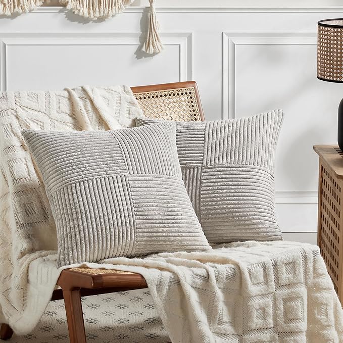 Fancy Homi 2 Packs Neutral Grey Euro Decorative Throw Pillow Covers 28x28 Inch for Couch Bed Sofa, Rustic Farmhouse Boho Home Decor, Soft Corss Corduroy Patchwork Textured Square Cushion Case 71x71 cm