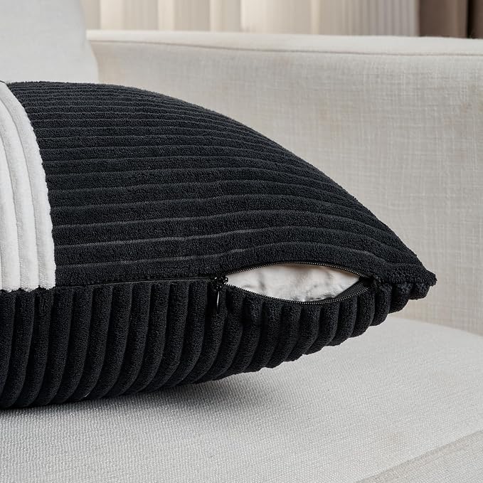Fancy Homi Set of 2 Black White Big Decorative Throw Pillow Covers 24x24 Inch for Couch Bed Sofa, Modern Farmhouse Boho Home Decor, Soft Cross Corduroy Patchwork Accent Square Cushion Case 60x60 cm