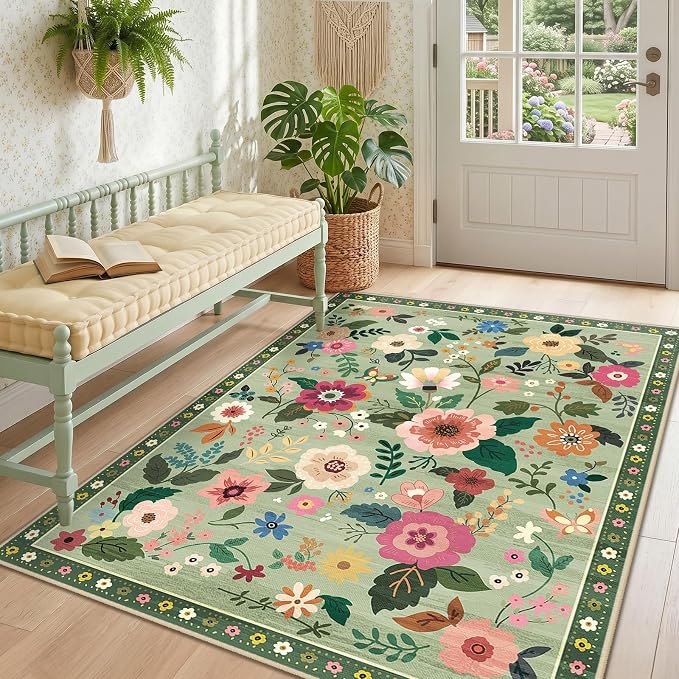 RELEANY Floral Washable 3x5 Area Rugs LightGreen | Flower Carpet, Print, Boho, Non-Slip, Easy to Clean, Soft, Low Pile for Living Room Bedroom Kitchen Office Entryway Hallway