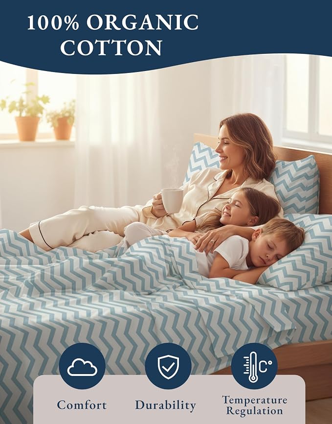 LANE LINEN Queen Sheet Set 100% Organic Cotton Cooling Soft 4pc - Chevron