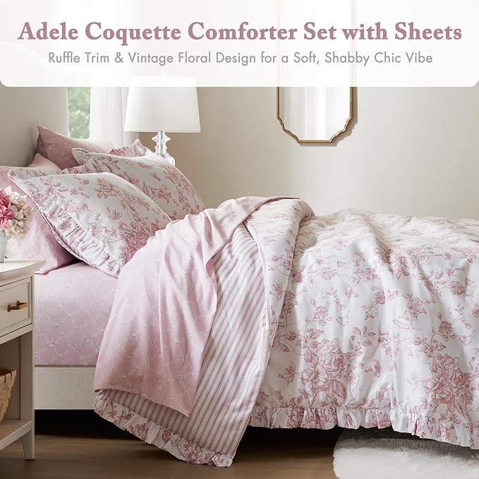 Madison Park Essentials Pink Floral Comforter Set with Sheets Cal King,7pc | Vintage, Ruffle Bed in a Bag, Reversible, Elegant Bedding Set, All Season, Machine Washable, Wrinkle Resistant, Ultra Soft