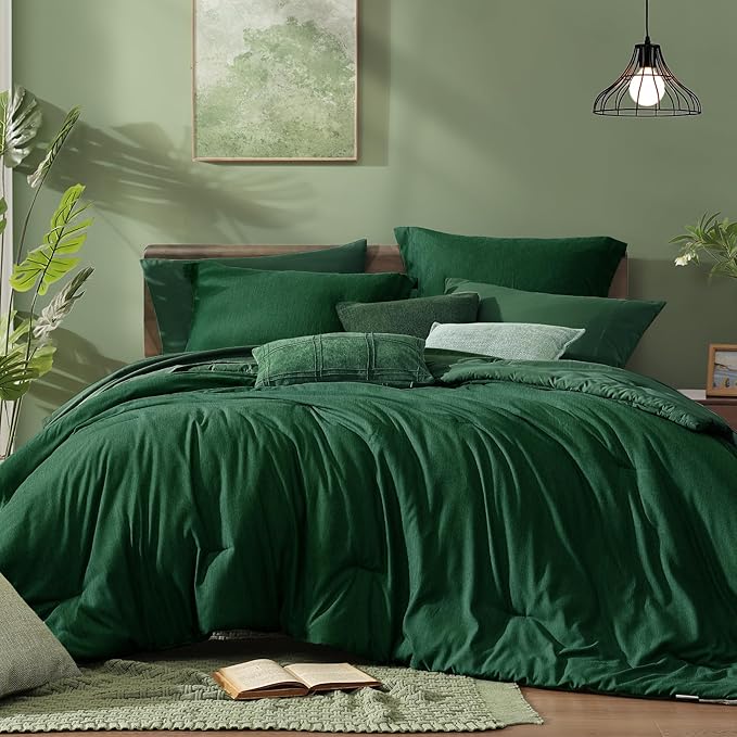 Monbix Queen Size Comforter Set 7 Pieces Emerald Green Bed in a Bag | Cationic Dyeing Reversible All Season Bedding Sets with Comforter, Sheets, Pillowcases & Shams