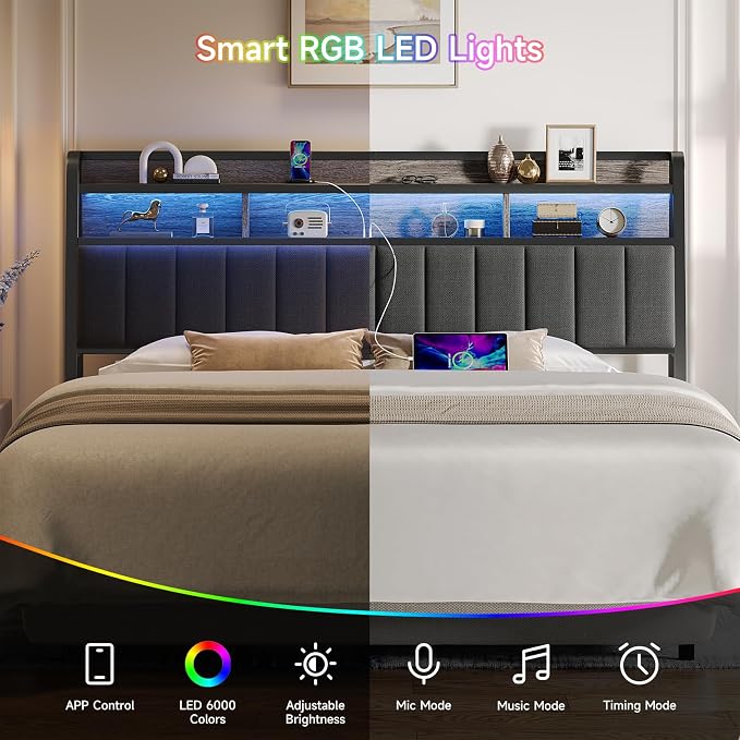 ComfyCorner King Size Headboard with Storage & LED Light, Black & Grey | Upholstered Ergonomic Head Board with Power Outlets & 2-Tier Storage, King Headboard Only, Bed Frame Mounting, Heavy Duty