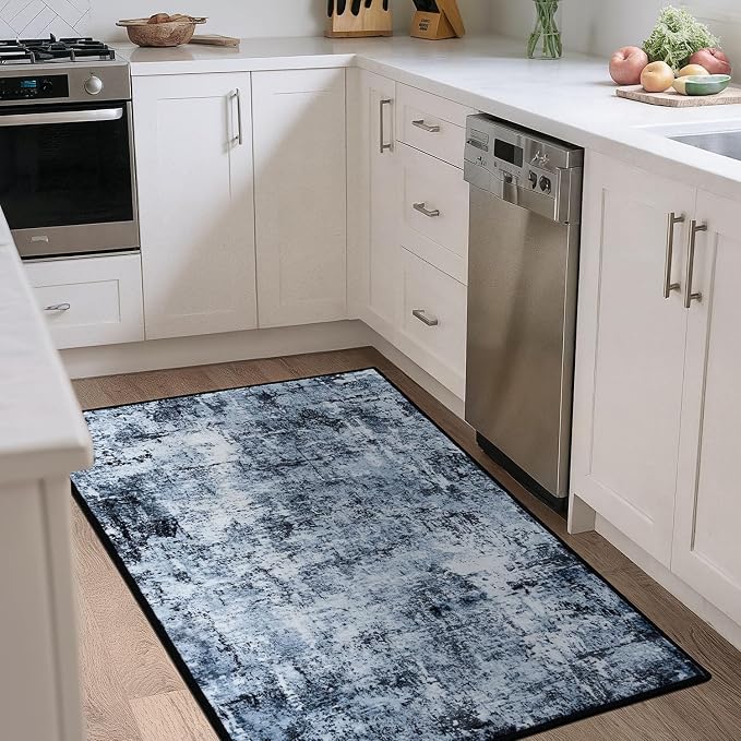 Rugflix 3x5 Entrance Rugs, Washable Navy Blue Dark Entry Small Rug | Machine Washable; Stain-Resistant; Low Pile; Non-Slip; Modern Abstract; Black Carpet for Entryway Kitchen Hallway Home