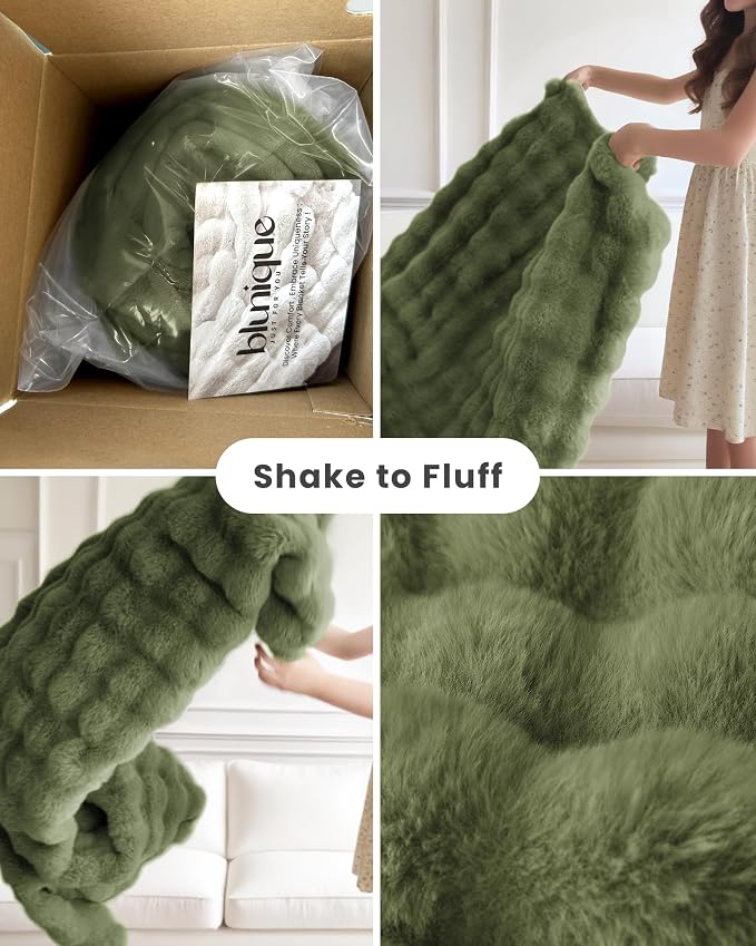 Ultra Soft Cozy Faux Fur Throw Blanket, Fuzzy Plush Thick Bubble Blanket, Oversize Luxury Fluffy Blanket for Couch, Bed, and Living Room, 60x80 Inches, Green