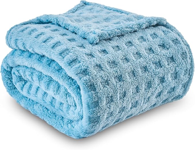 NEWCOSPLAY 3D Waffle Checkered Flannel Twin Blanket, Blue, 60"x80" | Super Soft Cute Lightweight Decorative Premium Silky Fleece Blanket for Couch Sofa Bed, Gift for Women Men, All Season Use