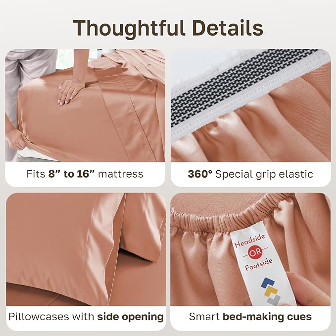 California Design Den 1000 Thread Count King Bed Sheet Set, Fresh Clay | Backed by Good Housekeeping Seal - 100% Cotton Sateen - Soft, Thick & Heavy, 16" Deep Pocket, All-Around Elastic, Durable