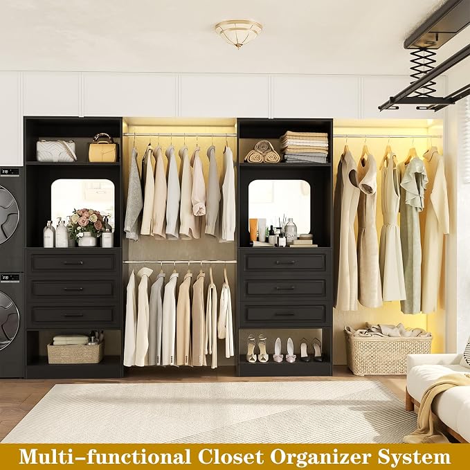 Unikito 6-14FT Wood Closet System with 6 Drawers and Mirror, Black | Sturdy walk-in organizer wardrobe for clothing, clothes rack with 3 hanging rods, freestanding garment storage tower.