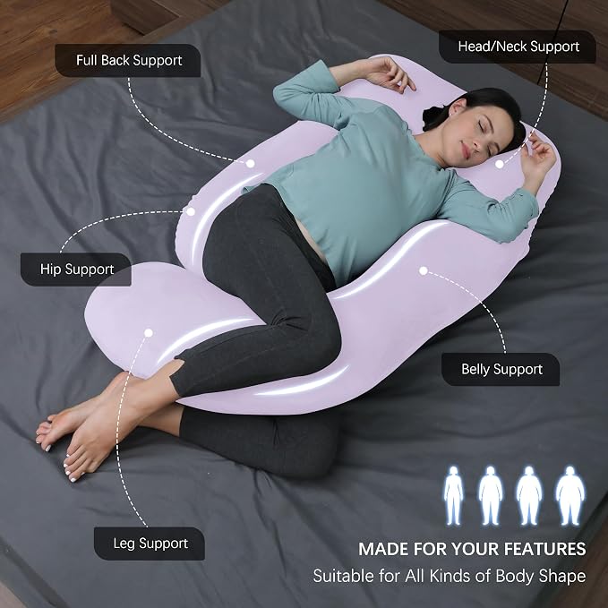 MOON PARK Pregnancy Pillows for Sleeping - U Shaped Full Body Maternity Pillow with Removable Cover - Support for Back, Legs, Belly, HIPS - 65 Inch - Purple