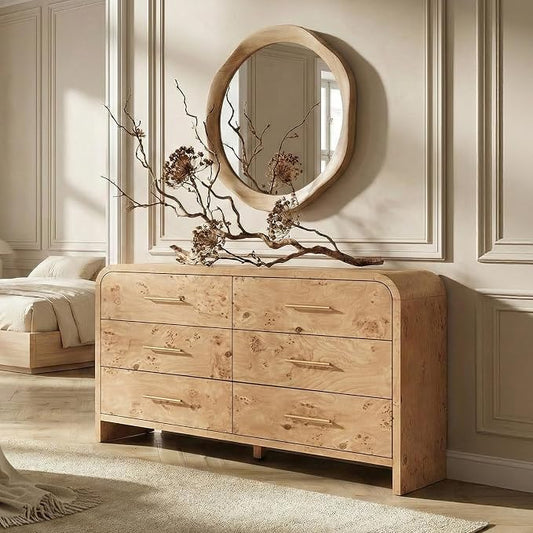 Curved 6-Drawer Dresser for Bedroom, 54" Wide Modern Chest of Drawers, Vanity Desk TV Stand for Living Room, Closet Storage Drawers Organizer Furniture, Nursery, Light Burl
