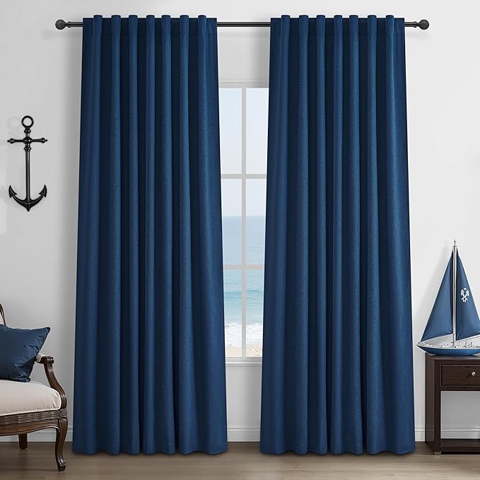 Navy Blue Blackout Curtains 90 Inch Length for Kids/Boys Rooms/Bedroom, Floor to Ceiling Track Pleated Drapes with Hooks Linen Thermal Coastal Curtain Dark Blue Window Burg 50"Wx90"Lx 2Panels Back Tab