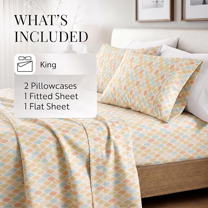 Linen Market Patterned Microfiber King Sheet Set 4 Piece – Oeko-TEX Certified Ultra Soft & Wrinkle-Free - 16" Deep Pocket Sheets - Easy Care King Size - Fall Foliage Yellow
