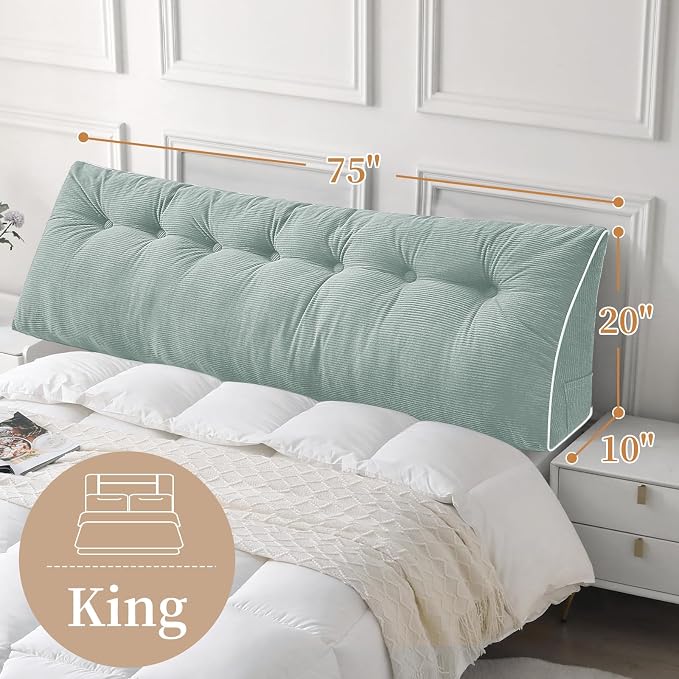 Sasttie Headboard Pillow King, Wedge Pillow Headboard, Mint Green | Triangle Backrest Cushion for Sitting or Reading in Bed, Dorm Essentials, OEKO-TEX, Down Alternative Fill, Side Pockets