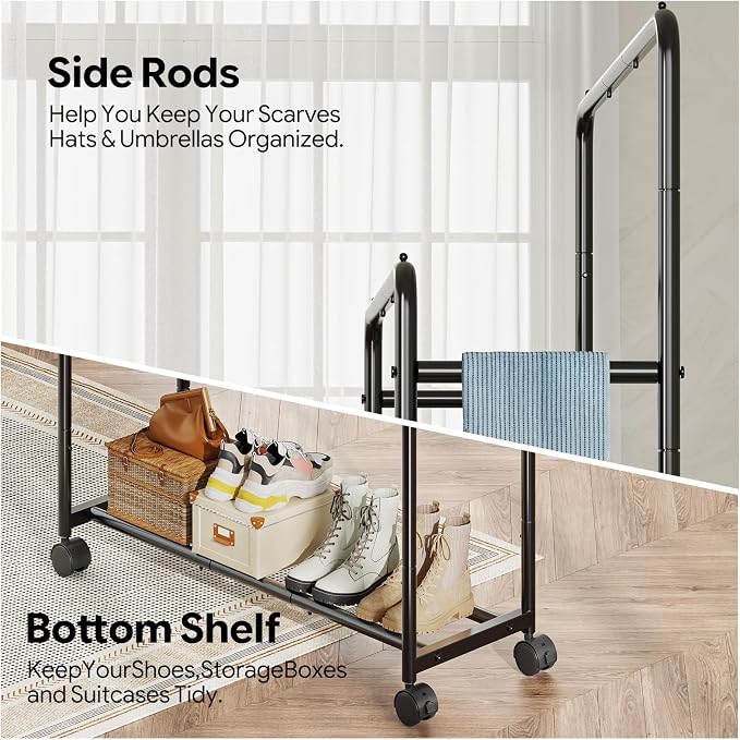 Simple Trending Clothing Clothes Rack, Double Rod Garment Rack, Black | Portable Closet with Bottom Shelf, Anti-Slip Stoppers, 360° Lockable Wheels, Multiple Uses, Bedroom, Laundry Room