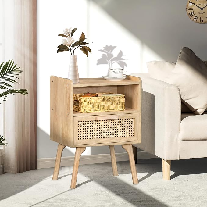 Lerliuo Rattan Nightstand, Boho Side Table with Drawer Open Shelf | Cane Accent Bedside End Table with Solid Wood Legs for Bedroom, Dorm and Small Spaces (Natural)