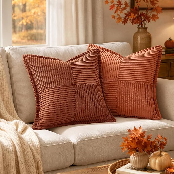 MIULEE Fall Burnt Orange Decorative Euro Sham Throw Pillow Covers 22x22 in | 2 Pack, Terracotta Boho Broadside Striped Patchwork Pillow Covers, Soft Corduroy Cushion Cases, For Bed Couch Sofa Livingroom