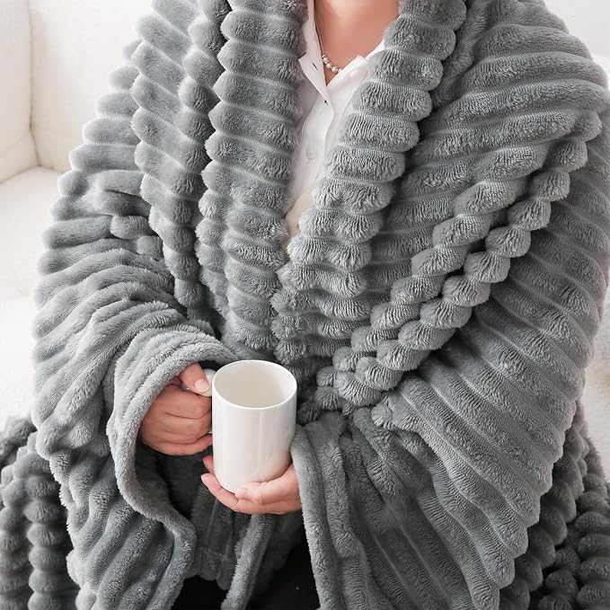 Grey Fleece Throw Blanket 108”×90” for Couch Sofa Livingroom | Super Soft Cozy Plush Microfiber Flannel Bed Blanket Striped Design Lightweight Home Decor Gifts for Adults Mom Women