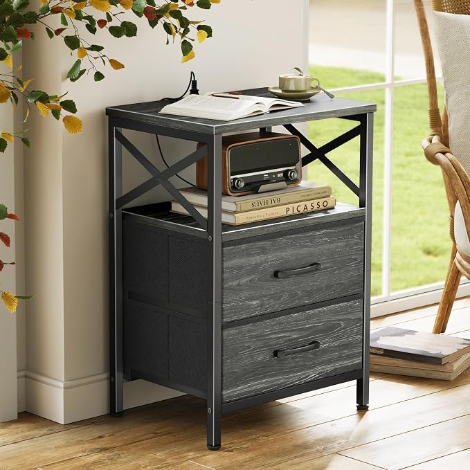 Huuger Nightstand Set of 2 with Charging Station, USB-C Port, End Tables | Night Stand with 2 Drawer Side Table with Open Shelf, Bedside Table for Small Spaces, X Shaped Side Rail, Charcoal Black