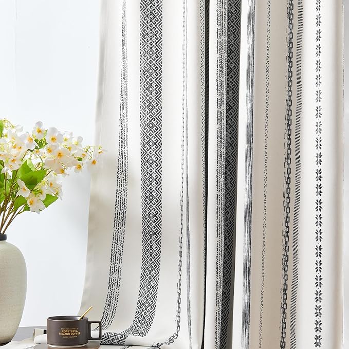 jinchan Boho Blackout Curtains 96 Inches Long for Bedroom Living Room | Black on Beige Geometric Back Tab Farmhouse Curtains Room Darkening Thermal Window Treatments 2 Panels