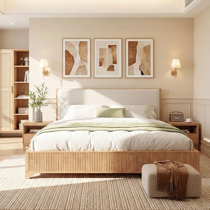 Christopher Knight Home Jill Modern King Bed Frame and Headboard, Bed Frame King with Upholstered Headboard, Wooden King Platform Bed Frame with Slat Supports, No Box Spring Needed, Natural+White