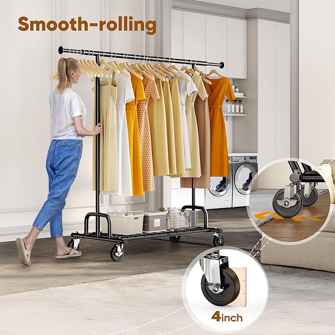 HOKEEPER Clothes Rack Collapsible Clothing Rack Capacity 525LBS Black | Clothing Racks on Wheels Heavy Duty Rolling Clothes Rack for Hanging Clothes for bedroom, Commercial, 22"D x 75"W x 71"H