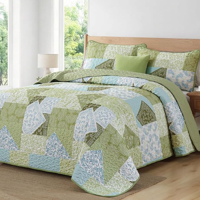 Mybedsoul Boho Quilt King Size, Patchwork Bedding Set, Sage Green | Soft Lightweight Microfiber Floral Coverlet Set, 3 Pieces Plaid Reversible Bedspread, Bed Sets for All Seasons 90"x110"