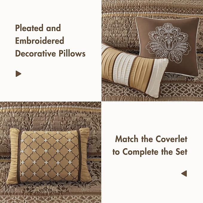 Madison Park Traditional Jacquard Quilt Set, 6PC King/Cal King Coverlet | Damask Design, All Season, with Shams, Decorative Pillows, Lightweight, Reversible, Brown/Gold
