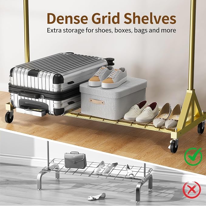 Luxspire Heavy Duty Clothes Rack with Lockable Wheels Load 600 LBS, Gold | Double hanging rods, heavy-duty iron mesh frame, adjustable extendable rods, ideal for laundry room & bedroom garment storage