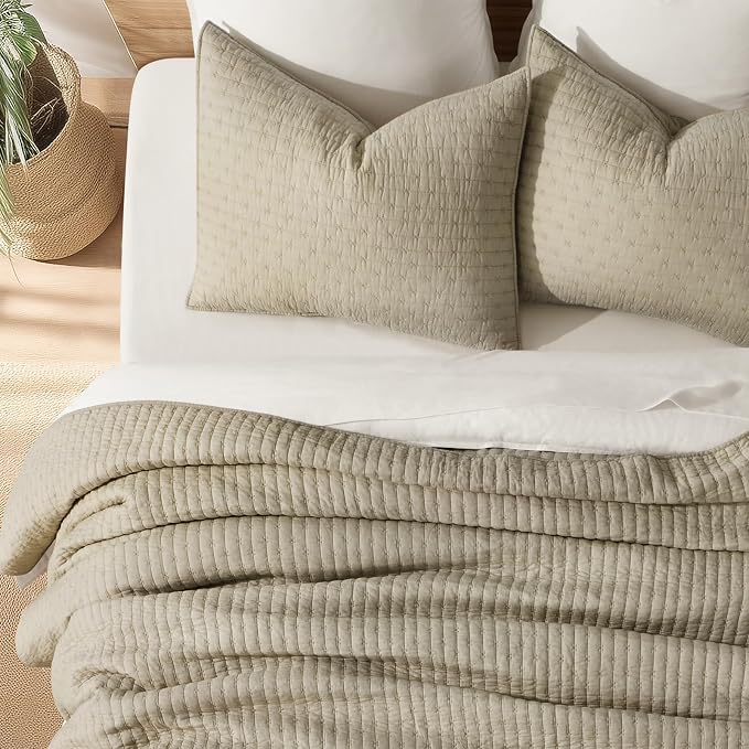 100% Cotton Cross Stitch 3-Piece Quilt Set, King, Driftwood | Cross Stitch Cotton Quilt, Pre-Washed Bedding Set, Oversized Lightweight Bedspread Coverlet, for All Season, with 2 Shams