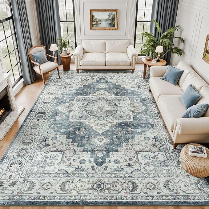 9x12 Area Rug for Living Room,Large Washable Carpet Blue Grey/Beige | Soft Non Slip Backing, Durable Stain Resistant,Compatible with All Vacuums,Kid & Pet Friendly ,for Dining Room Home Office