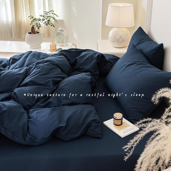 BDEAR 3Pcs Navy Blue Pinstriped Duvet Cover Set Queen Size 90''Wx90''L | Light Weight Design, 1 Duvet Cover with 2 Pillowcases, Zipper Closure, OEKO TEX Standard,8 Corner Ties, Skin Friendly