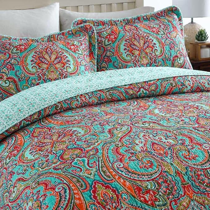 Cotton Bedspread Quilt Sets-Reversible Patchwork Coverlet Set, European Gorgeous Floral Pattern, Twin Size