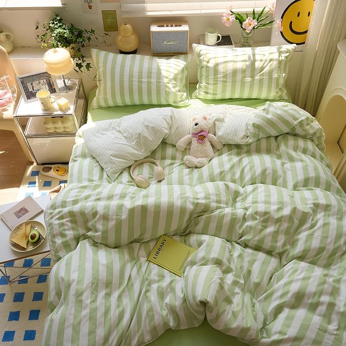 LifeTB Green Striped Comforter Set Queen, 3 Piece Aesthetic Stripes Pattern Printed Comforter with 2 Pilliwcases, Soft Breathable Farmhouse Striped Bedding Comforter Lightweight Queen Comforter Set