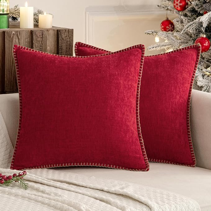 MIULEE Decorative Couch Throw Pillow Covers 20x20 Inch Red 2 Pack | Summer Farmhouse Pillow Covers with Stitched Edge, Soft Chenille Cushion Cases, for Sofa Bed Living Room Home Decor