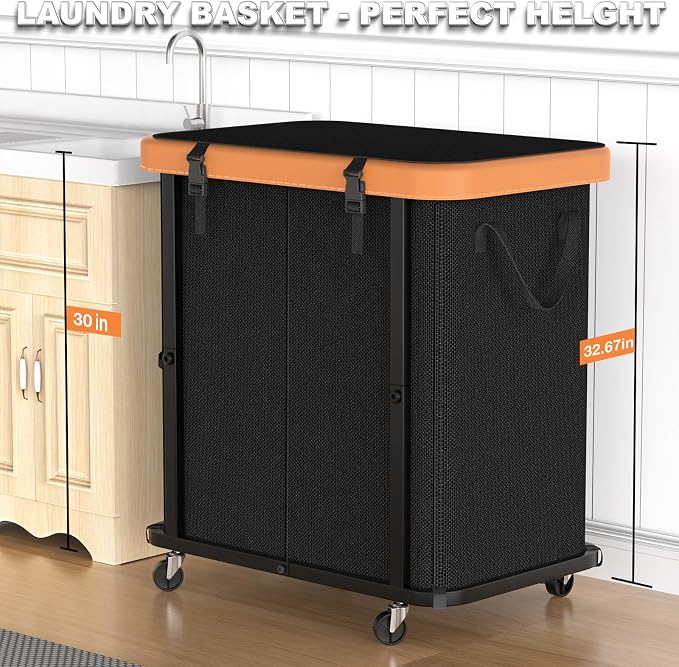 Laundry Basket with Wheels,190L Leather Patchwork Laundry Hamper 2 Setion | Sturdy Metal Frame, Removable Washable Bag, Tall Clothes Sorter for Bedroom - Black