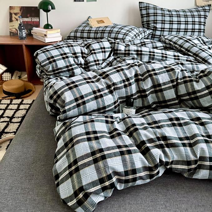 LifeTB Queen Comforter Set Grey Black Plaid Comforter Set, 3 Pieces Vintage Checkered Pattern Grid Comforter with 2 Pillowcases, Fluffy Soft Farmhouse Plaid Bedding Gingham Comforter Set Queen