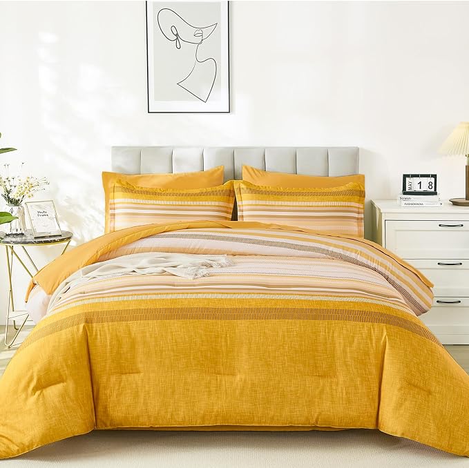 Dobuyly Yellow Comforter Set Queen Size 7 Piece, Boho Striped Bed in a Bag Queen Soft Microfiber Bedding Sets with Comforter, Sheets, Pillowcases & Shams All Season