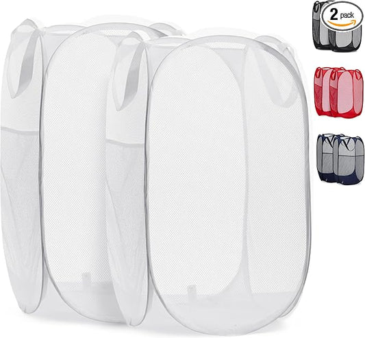 Handy Laundry Collapsible Mesh Pop Up Laundry Hamper 2-Pack, Wide Opening, Side Pocket, Space-Saving Foldable Basket for Clothes, Travel, Dorm, Kids Room, Breathable & Durable (White)