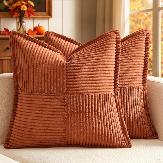 MIULEE Fall Burnt Orange Decorative Throw Pillow Covers for Couch 20x20 in | 2 Pack, Terracotta Boho Broadside Striped Patchwork Pillow Covers, Soft Corduroy Cushion Cases, For Sofa Bed Livingroom