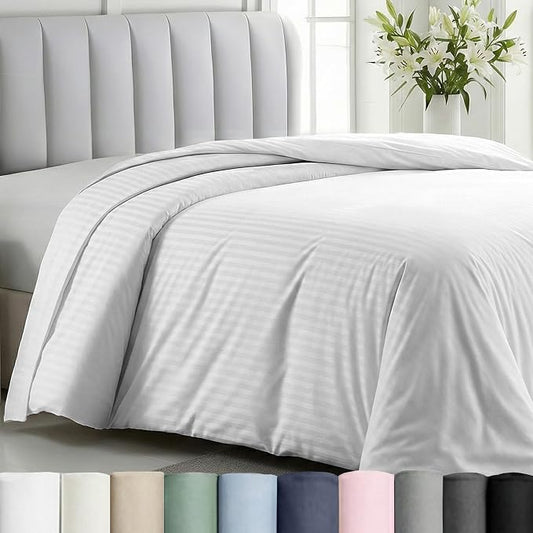 California Design Den Cotton Sateen Soft Duvet Cover King, Striped White | Duvet Cover Only, Comforter Not Included, Backed by Good Housekeeping Seal, Button Closure & Corner Ties