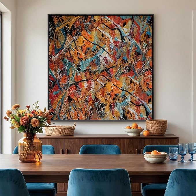 Large Framed Colorful Abstract Wall Art for Living Room, Oversized Square Modern Canvas Prints Paintings for Walls, Contemporary Orange Blue Pictures for Dining Bedroom Hallway Wall Decor 40x40 In