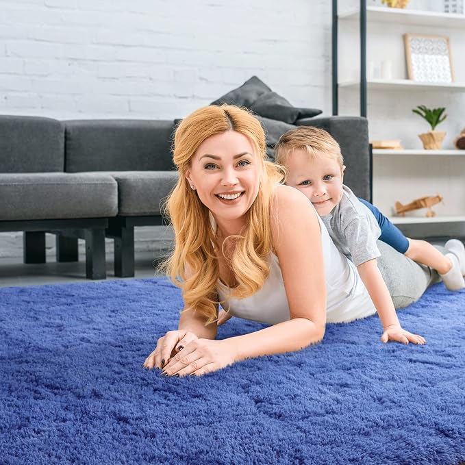 Soft Modern Indoor Large Shaggy Rug for Bedroom Livingroom Dorm Kids Room Home Decorative, Non-Slip Plush Fluffy Furry Fur Area Rugs Comfy Nursery Accent Floor Carpet 5x8 Feet, Light Navy