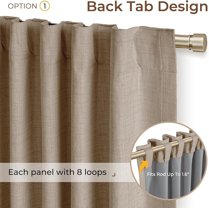 INOVADAY 100% Blackout Linen Curtains for Bedroom 50x84 Burlywood Birch | Linen Textured, Light Blocking, Room Darkening, Thermal Insulated, Back Tab Top, Window Curtains for Living Room, 2 Panels