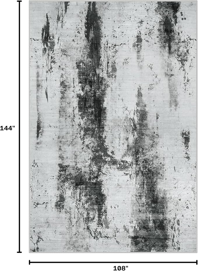 9x12 Area Rugs for Living Room: Washable Abstract Black White Grey Carpet | Non-slip TPE backing makes this washable soft low-pile rug safe & durable, Pet-friendly decor for dining room,nursery,office