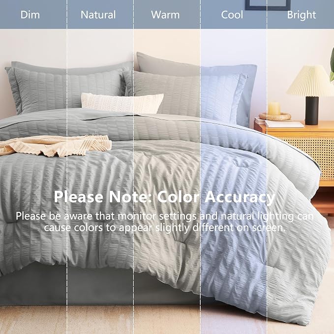 Oversized Queen Seersucker Comforter Set, Light Grey, 98 x 98 in | OEKO-TEX Certified, 7 Pieces Bed in a Bag with 240 GSM Down Alternative Comforter, Flat & Fitted Sheets, Pillowcases & Shams