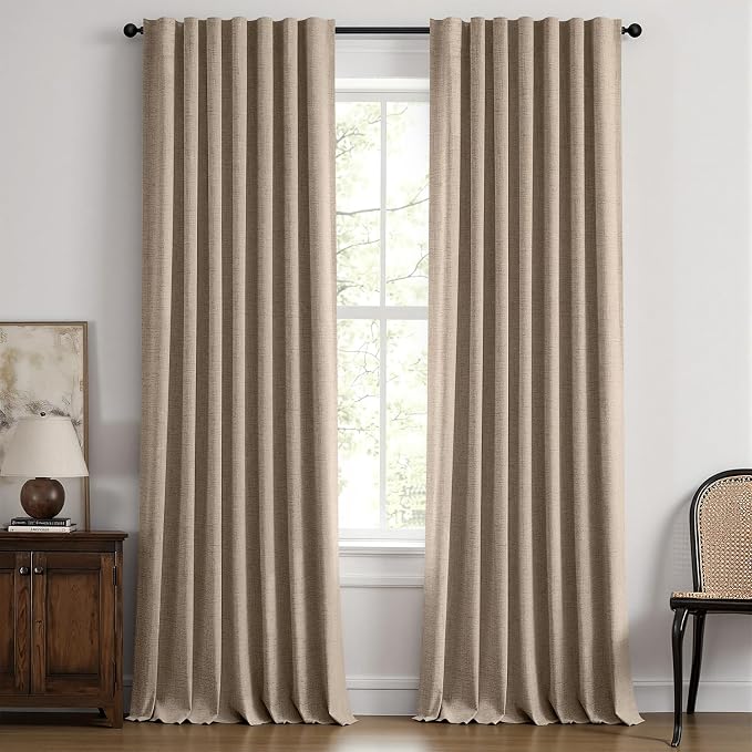 MIULEE 100% Blackout Linen Curtains 42 x 108 Inch Copper Brown 2 Panel | Thermal Insulated, Room Darkening Drapes for Bedroom Living Room, Back Tab Rod Pocket Pinch Pleated, Solid Luxury Decor